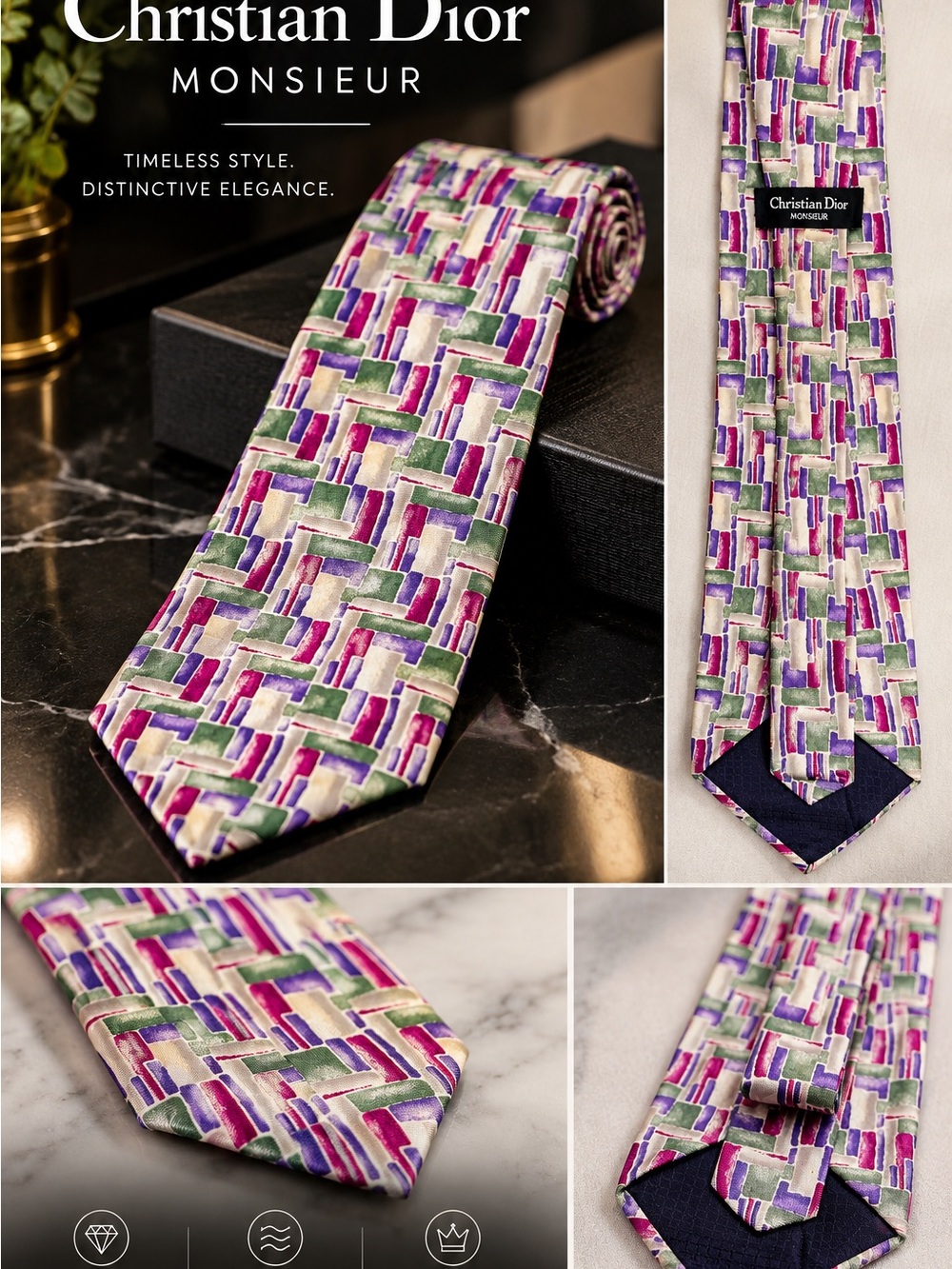 Dior Multicolor Geometric Silk Tie — Pink, Green, Purple